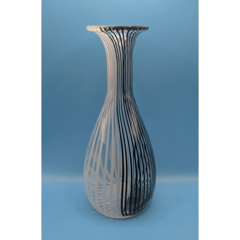 Hand Blown Art Glass Vase Black and White Striped Swirl Clear 10.5